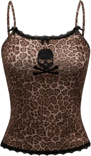 WDIRARA Women's Leopard Skull Cami Top Bow Lace Trim Spaghetti Strap Camisole