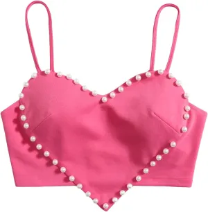 WDIRARA Women's Pearls Sleeveless Asymmetrical Hem Heart Crop Cami Top Sexy Camisole