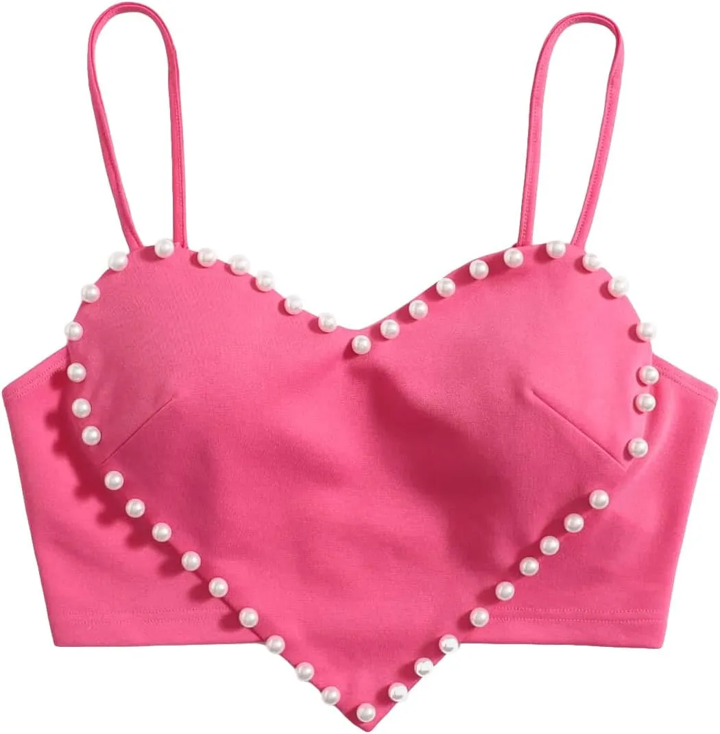 WDIRARA Women's Pearls Sleeveless Asymmetrical Hem Heart Crop Cami Top Sexy Camisole