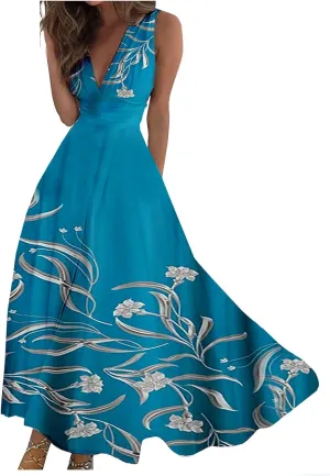 Wedding Guest Dresses for Women, Trendy Sleeveless V-Neck Flowy Long Dress Summer Floral Print Sexy Cocktail Dresses