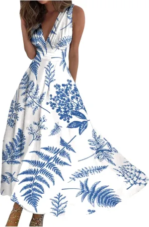 Wedding Guest Dresses for Women, Trendy Sleeveless V-Neck Flowy Long Dress Summer Floral Print Sexy Cocktail Dresses