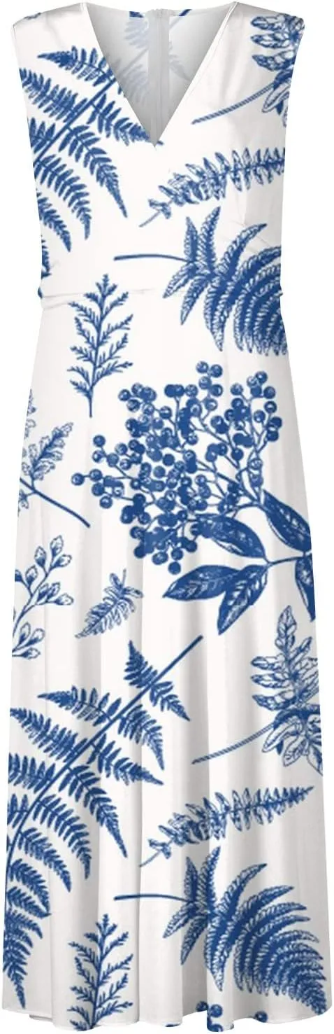 Wedding Guest Dresses for Women, Trendy Sleeveless V-Neck Flowy Long Dress Summer Floral Print Sexy Cocktail Dresses
