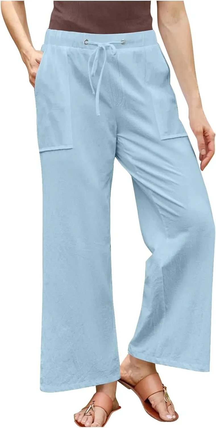 Wide Leg Linen Pants for Women 2025 Summer Casual Jogging Pants Drawstring High Waisted Lounge Trousers with Pockets