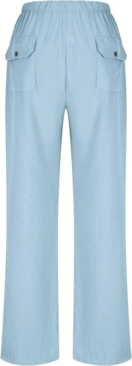 Wide Leg Linen Pants for Women 2025 Summer Casual Jogging Pants Drawstring High Waisted Lounge Trousers with Pockets