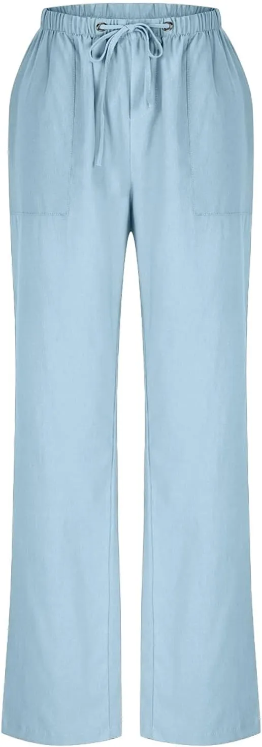 Wide Leg Linen Pants for Women 2025 Summer Casual Jogging Pants Drawstring High Waisted Lounge Trousers with Pockets