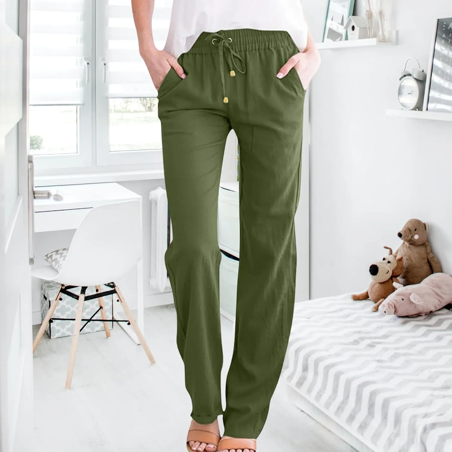 Wide Leg Linen Pants for Women Drawstring High Waisted Loose Fit Lightweight Summer Lounge Pants with Pockets