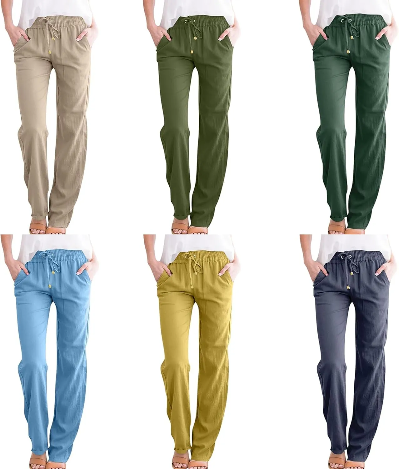 Wide Leg Linen Pants for Women Drawstring High Waisted Loose Fit Lightweight Summer Lounge Pants with Pockets