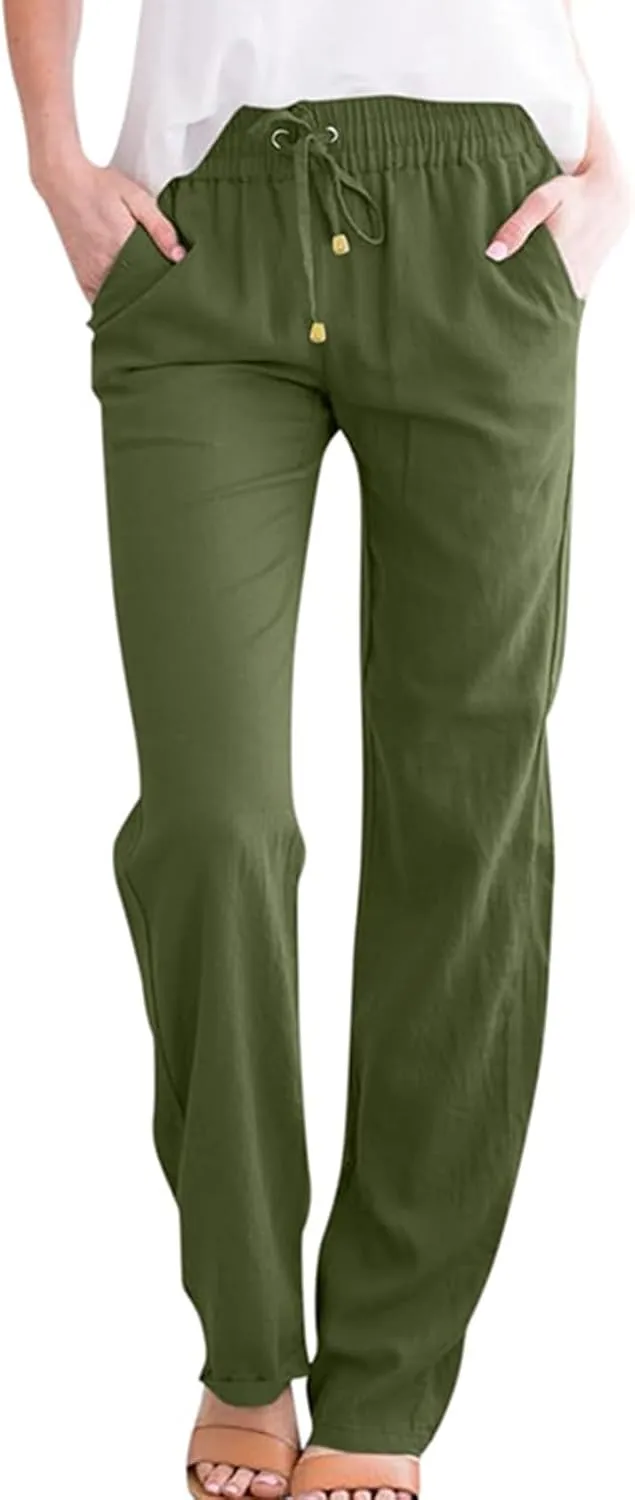 Wide Leg Linen Pants for Women Drawstring High Waisted Loose Fit Lightweight Summer Lounge Pants with Pockets