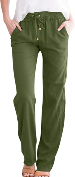 Wide Leg Linen Pants for Women Drawstring High Waisted Loose Fit Lightweight Summer Lounge Pants with Pockets