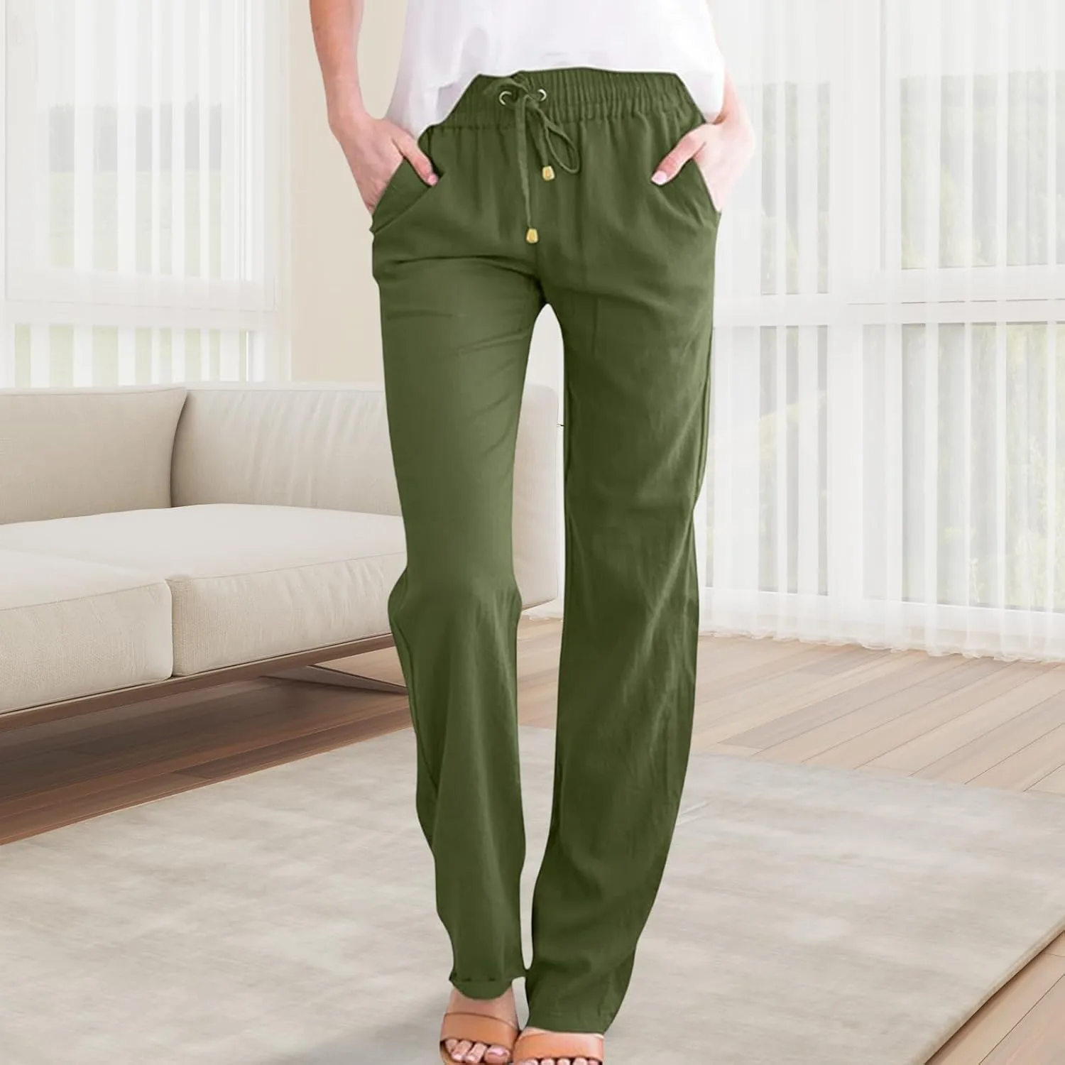 Wide Leg Linen Pants for Women Drawstring High Waisted Loose Fit Lightweight Summer Lounge Pants with Pockets