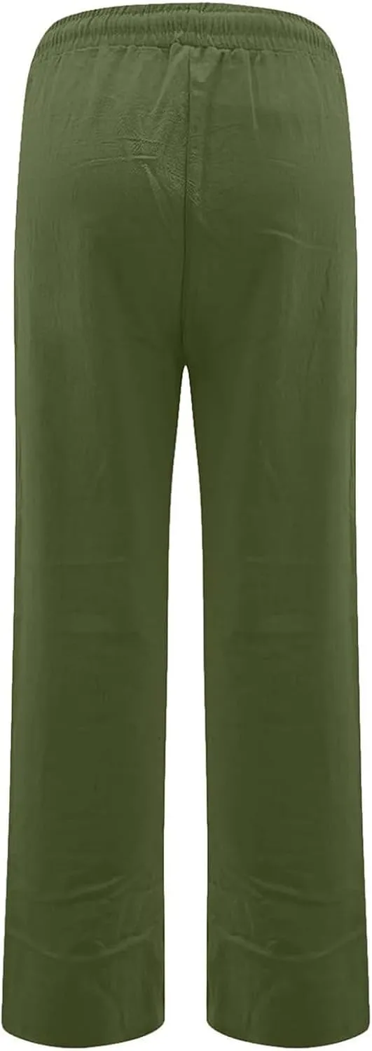Wide Leg Linen Pants for Women Drawstring High Waisted Loose Fit Lightweight Summer Lounge Pants with Pockets