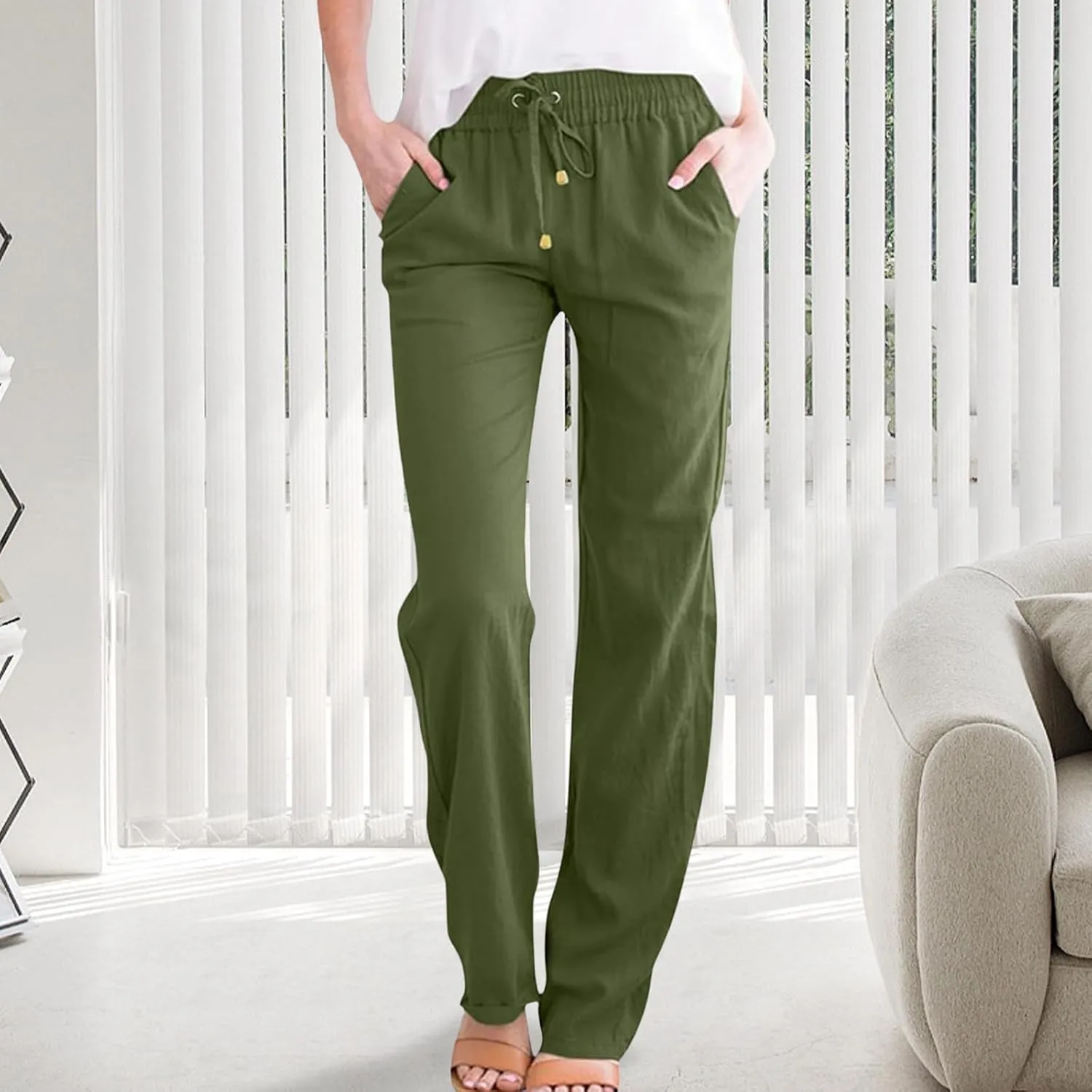 Wide Leg Linen Pants for Women Drawstring High Waisted Loose Fit Lightweight Summer Lounge Pants with Pockets