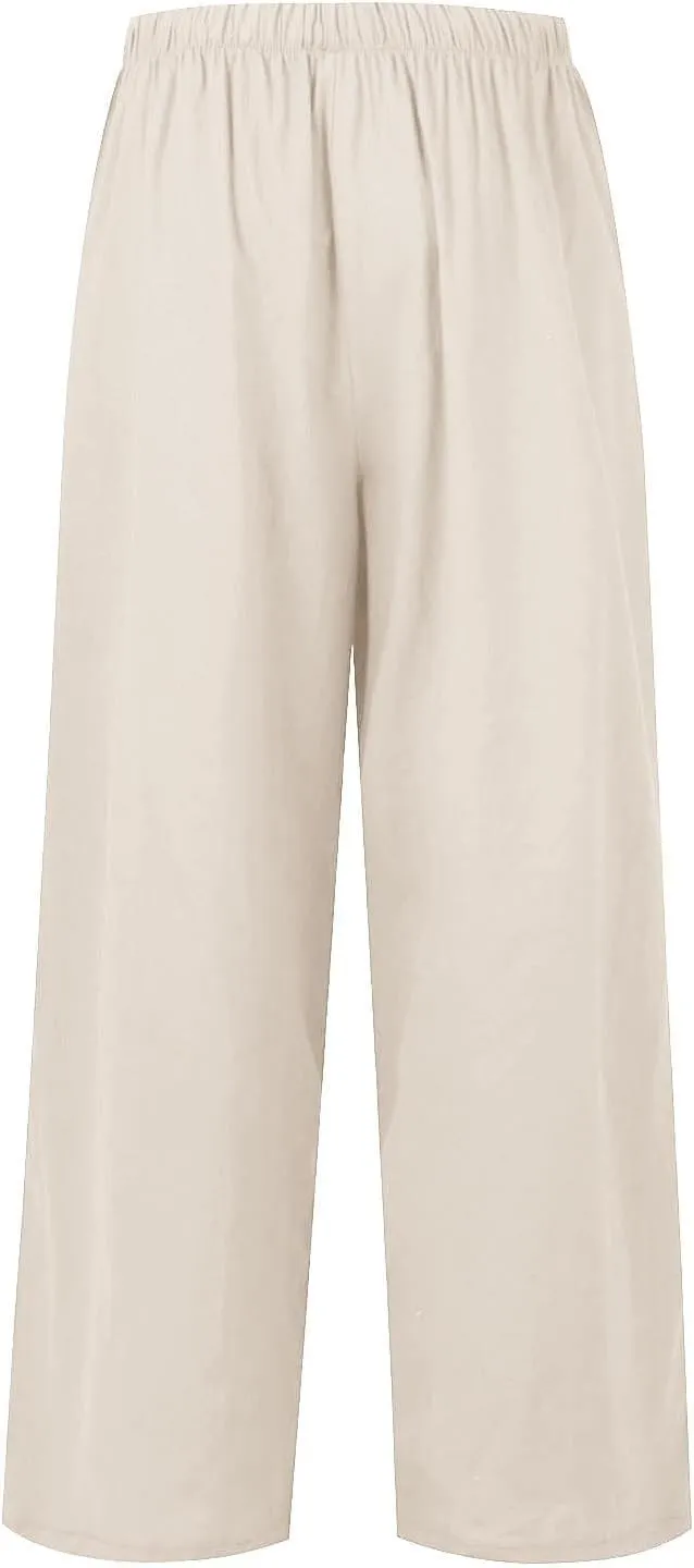 Wide Leg Linen Pants for Women Summer Flowy High Waisted Linen Pants Linen Beach Pants Palazzo Trousers with Pockets