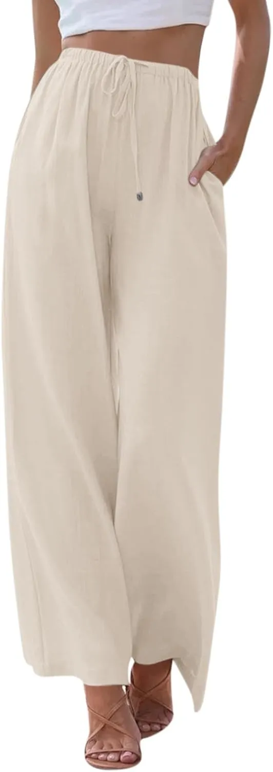 Wide Leg Linen Pants for Women Summer Flowy High Waisted Linen Pants Linen Beach Pants Palazzo Trousers with Pockets