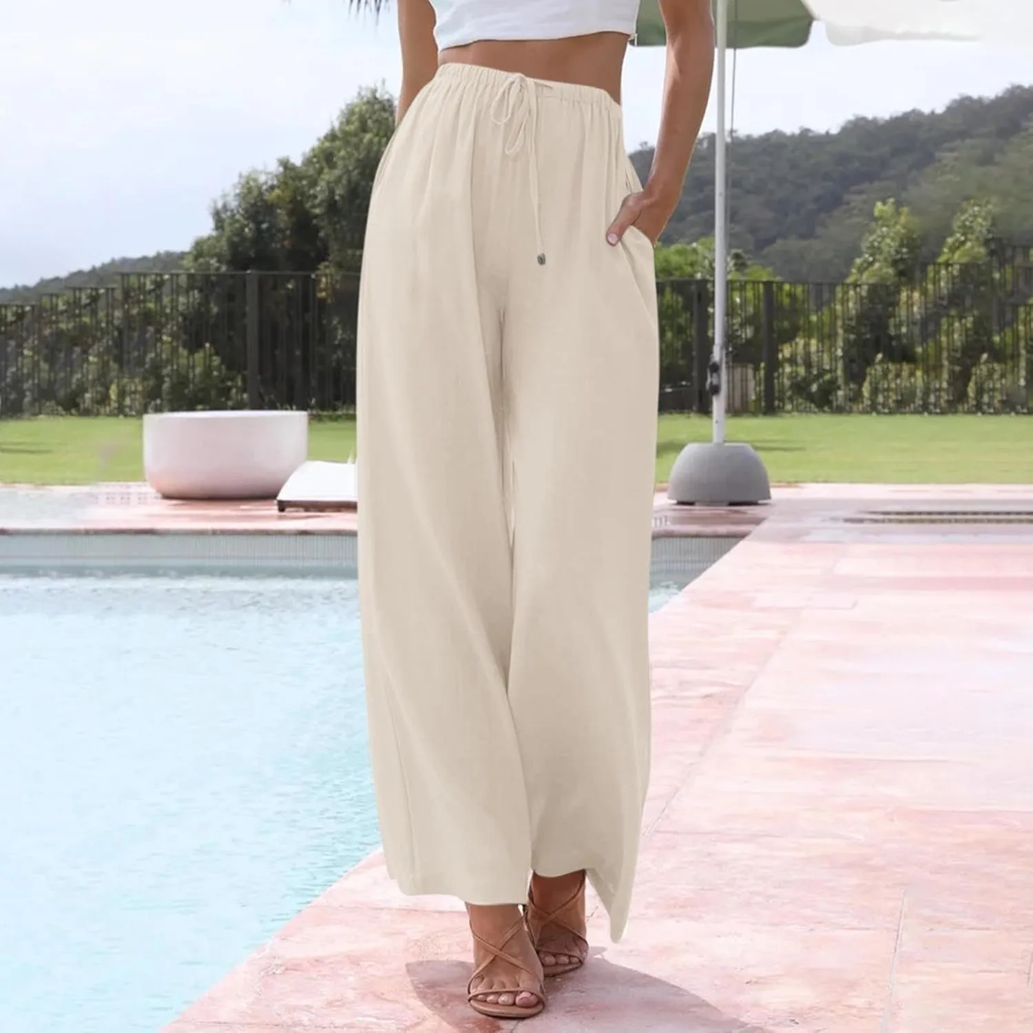 Wide Leg Linen Pants for Women Summer Flowy High Waisted Linen Pants Linen Beach Pants Palazzo Trousers with Pockets