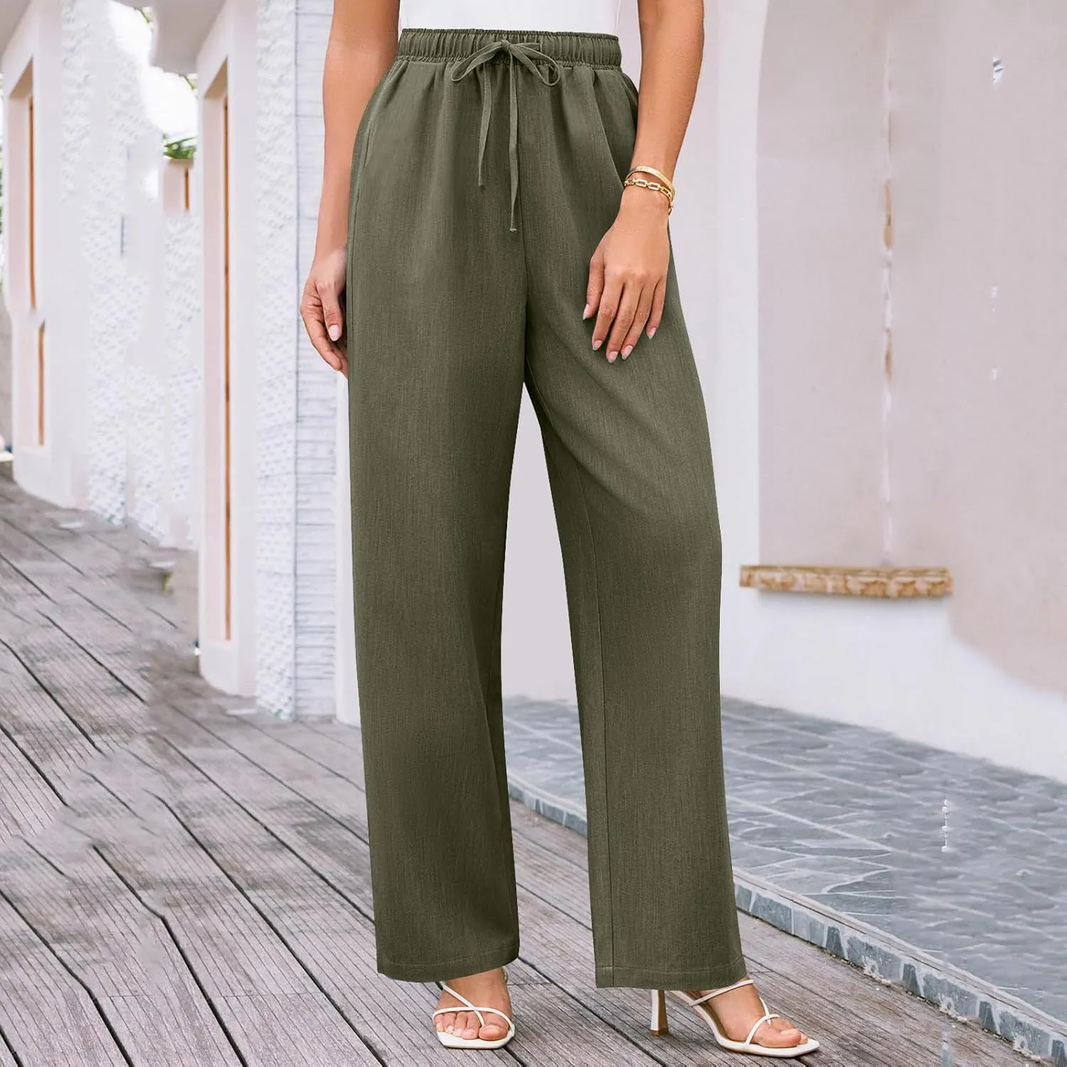 Wide Leg Pants for Women Solid Cotton Linen Drawstring Pant Casual Work Summer Baggy Trousers with Pockets