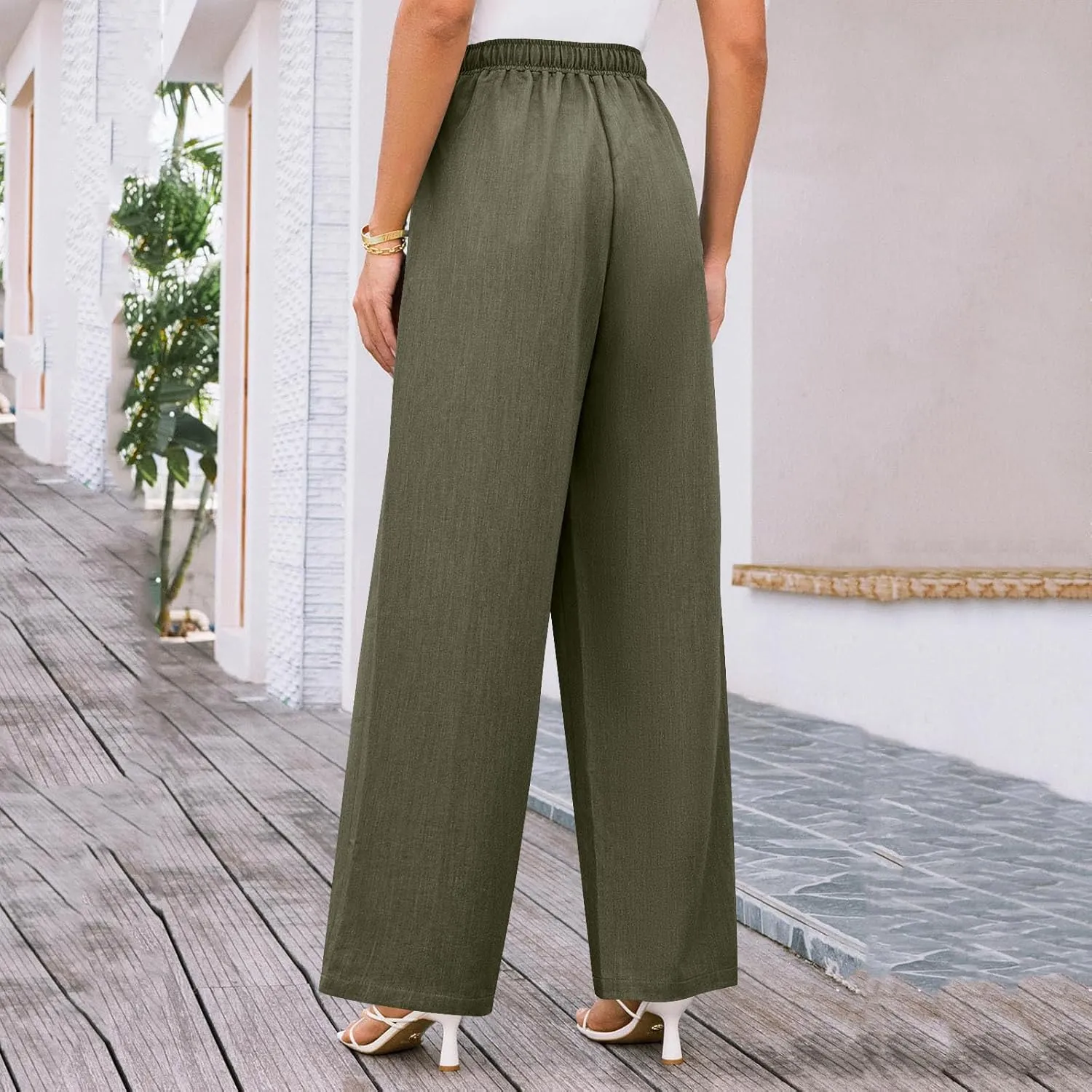 Wide Leg Pants for Women Solid Cotton Linen Drawstring Pant Casual Work Summer Baggy Trousers with Pockets