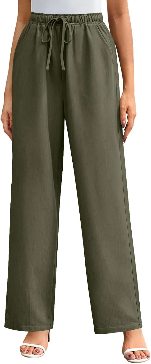 Wide Leg Pants for Women Solid Cotton Linen Drawstring Pant Casual Work Summer Baggy Trousers with Pockets
