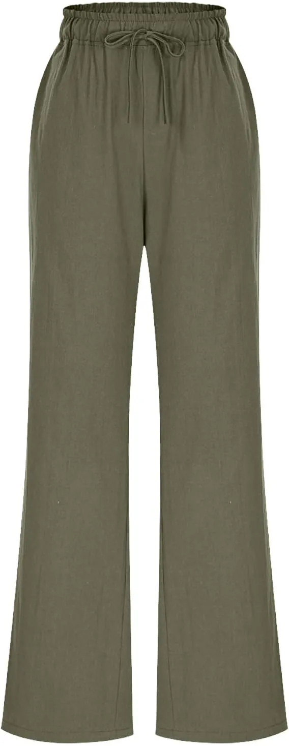 Wide Leg Pants for Women Solid Cotton Linen Drawstring Pant Casual Work Summer Baggy Trousers with Pockets