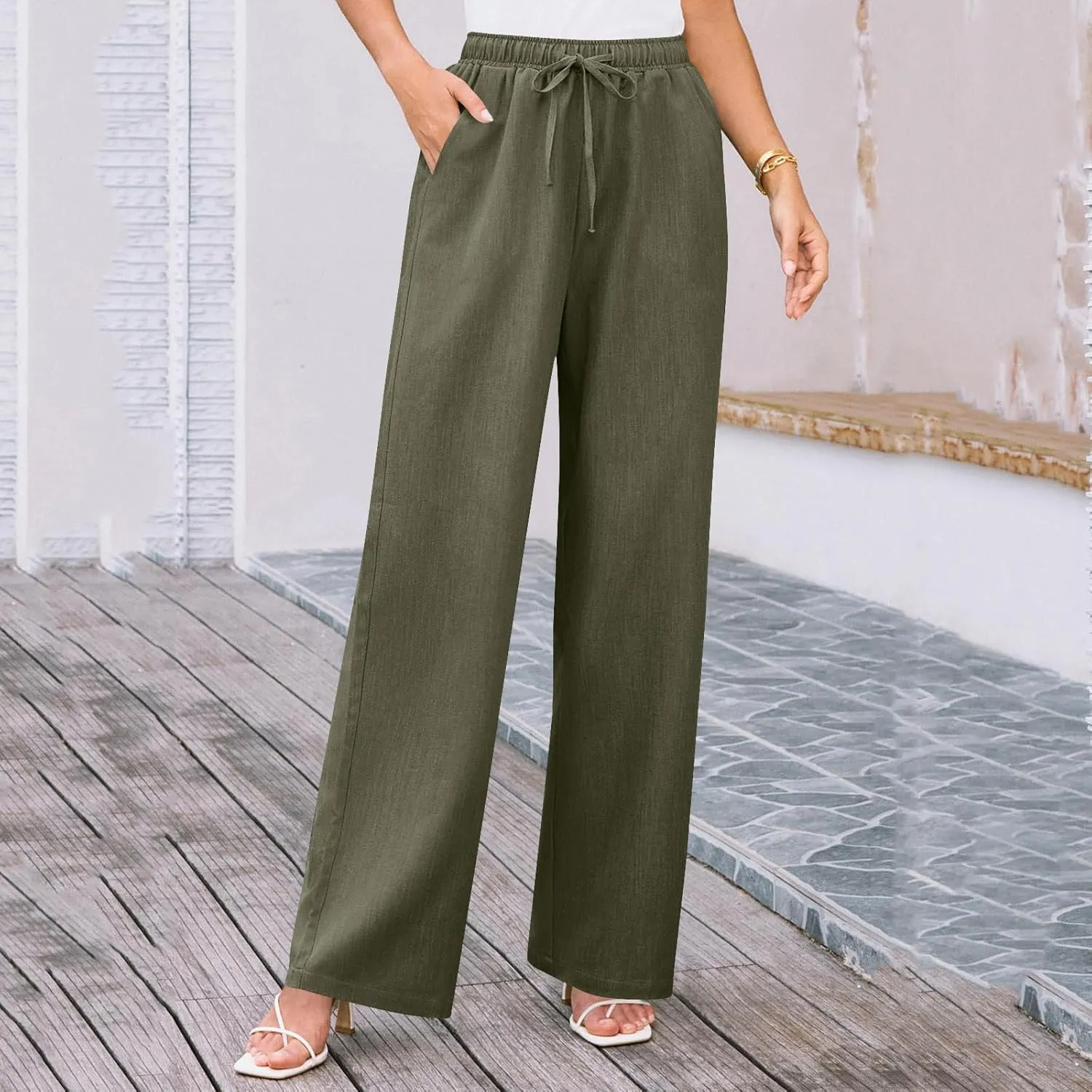 Wide Leg Pants for Women Solid Cotton Linen Drawstring Pant Casual Work Summer Baggy Trousers with Pockets