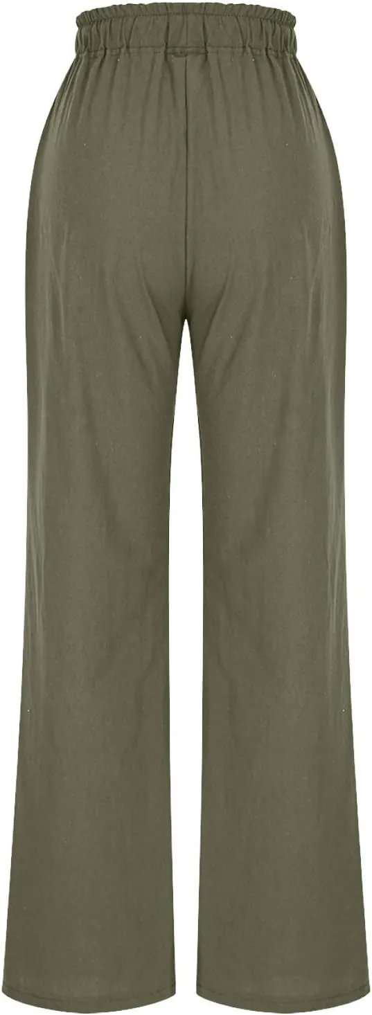Wide Leg Pants for Women Solid Cotton Linen Drawstring Pant Casual Work Summer Baggy Trousers with Pockets