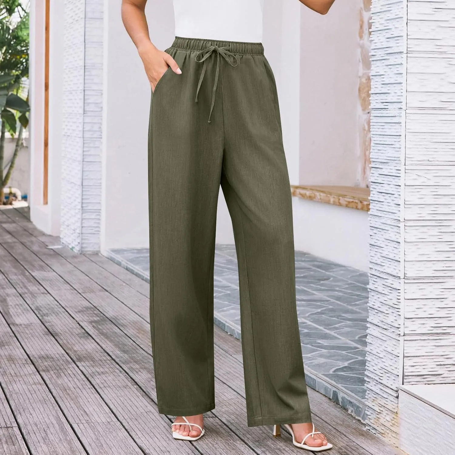 Wide Leg Pants for Women Solid Cotton Linen Drawstring Pant Casual Work Summer Baggy Trousers with Pockets