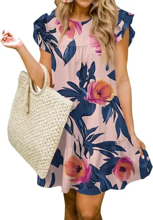 Women Babydoll Summer Casual Crew Neck Ruffle Sleeve Sleeveless Flowy Mini Short Tunic Dress Floral Print Pleated Dress2-Pink,XX-Large