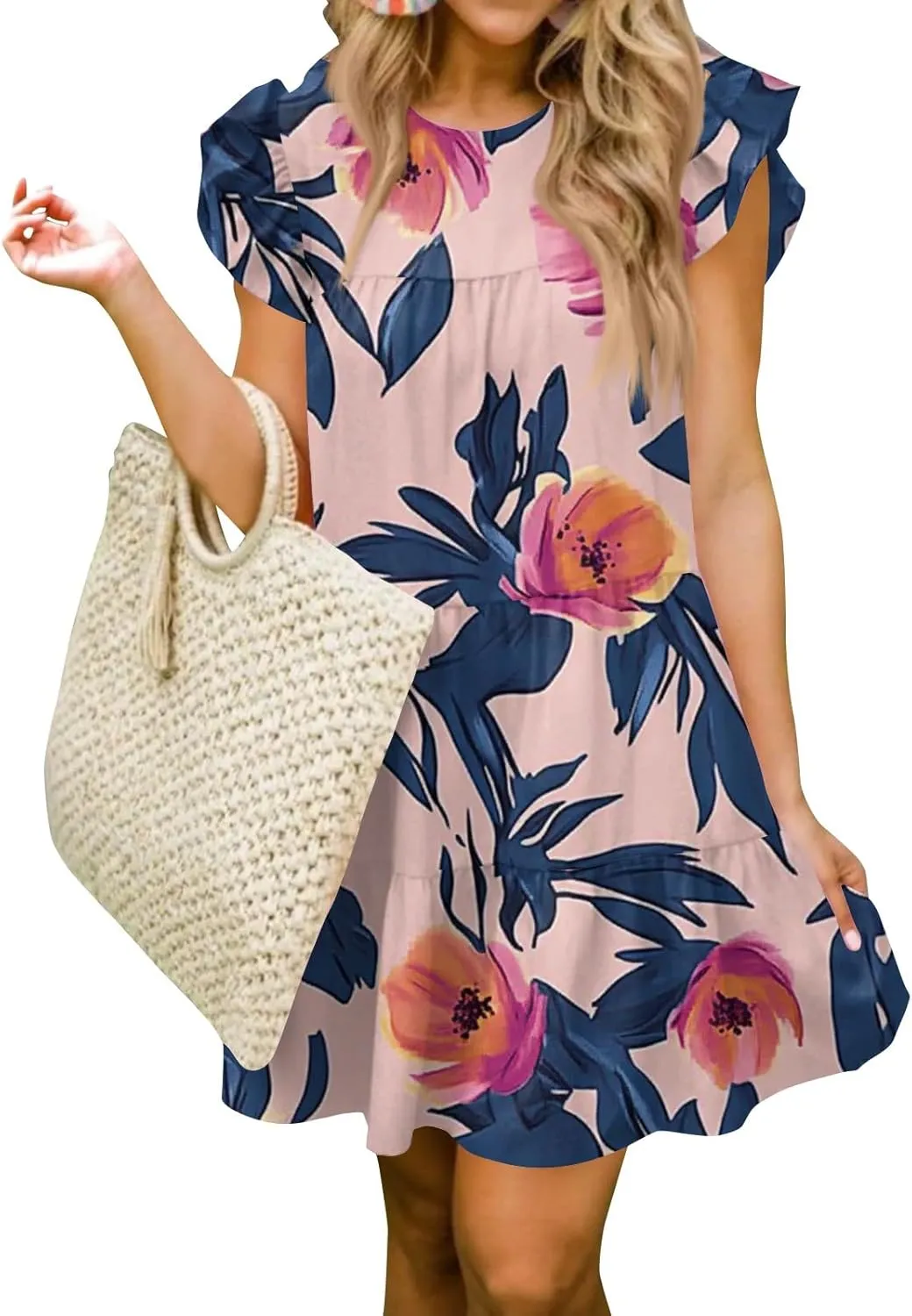 Women Babydoll Summer Casual Crew Neck Ruffle Sleeve Sleeveless Flowy Mini Short Tunic Dress Floral Print Pleated Dress2-Pink,XX-Large
