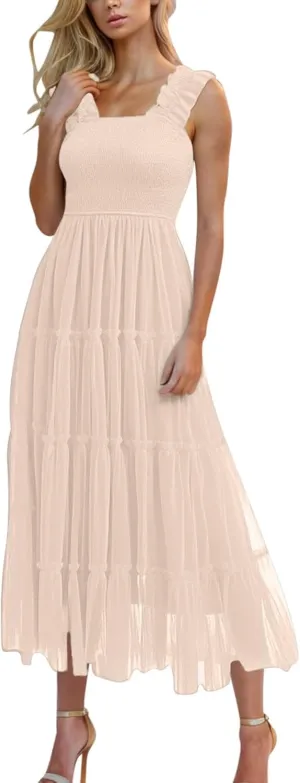 Women Beach Wedding Guest Gown Sleeveless Tiered Ruffle Tulle Sundress Smocked High Waist Elegant Midi A-Line Dress