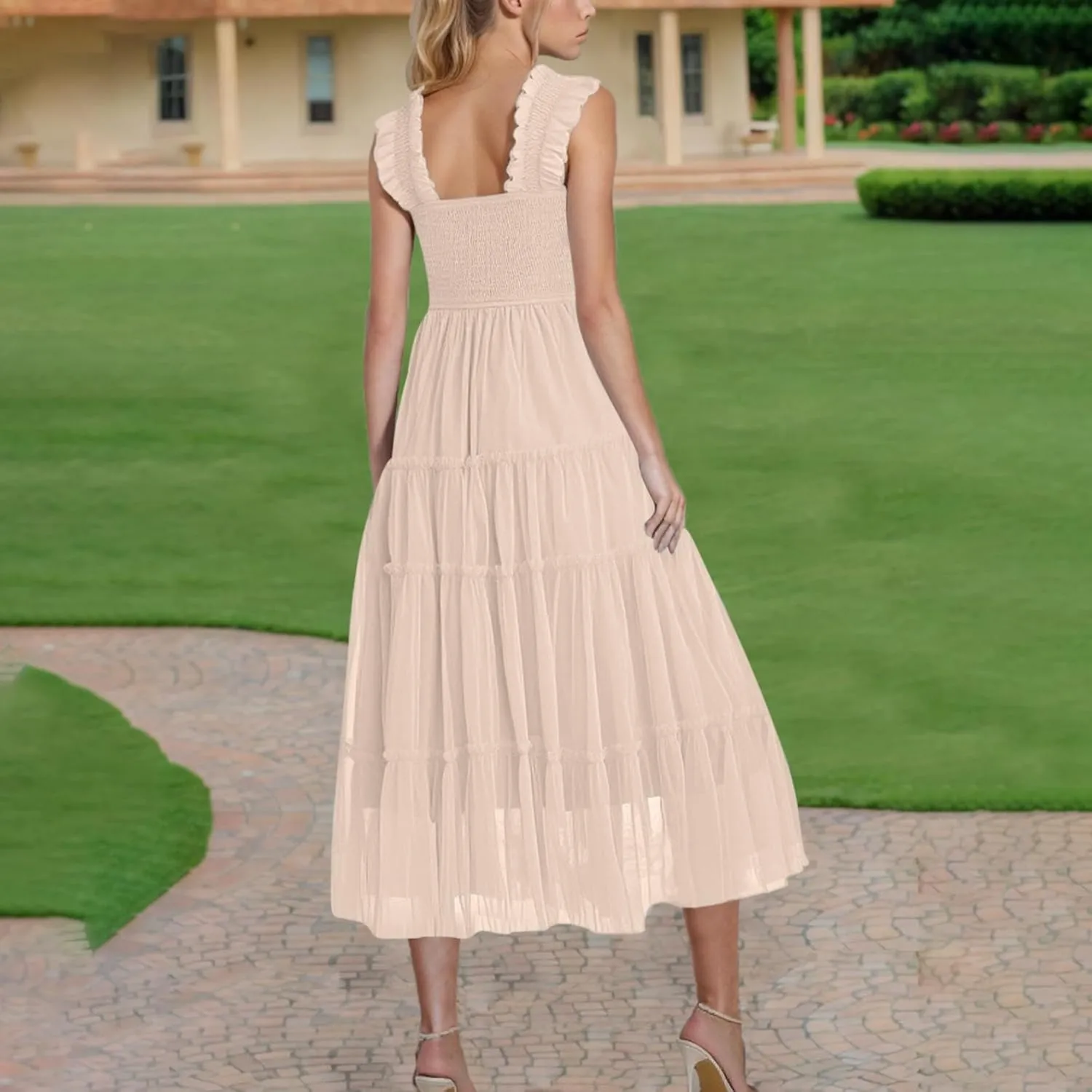 Women Beach Wedding Guest Gown Sleeveless Tiered Ruffle Tulle Sundress Smocked High Waist Elegant Midi A-Line Dress