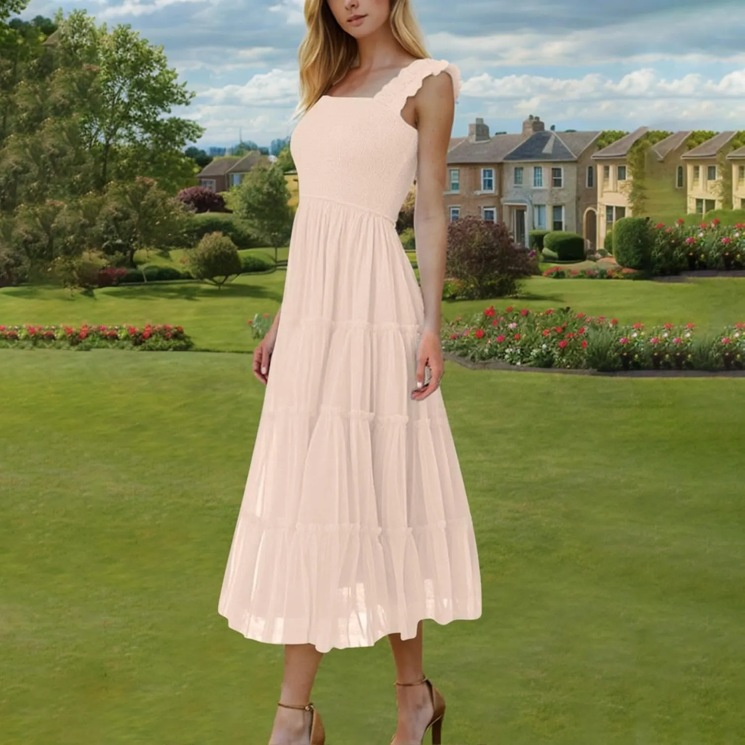 Women Beach Wedding Guest Gown Sleeveless Tiered Ruffle Tulle Sundress Smocked High Waist Elegant Midi A-Line Dress