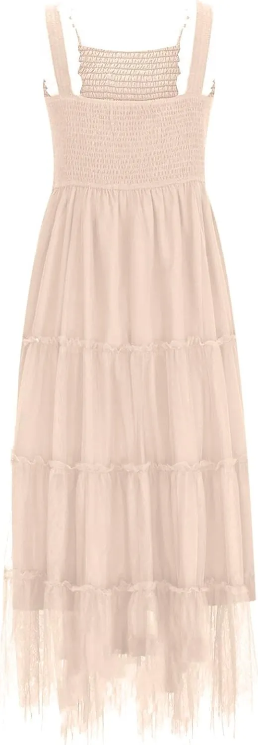 Women Beach Wedding Guest Gown Sleeveless Tiered Ruffle Tulle Sundress Smocked High Waist Elegant Midi A-Line Dress