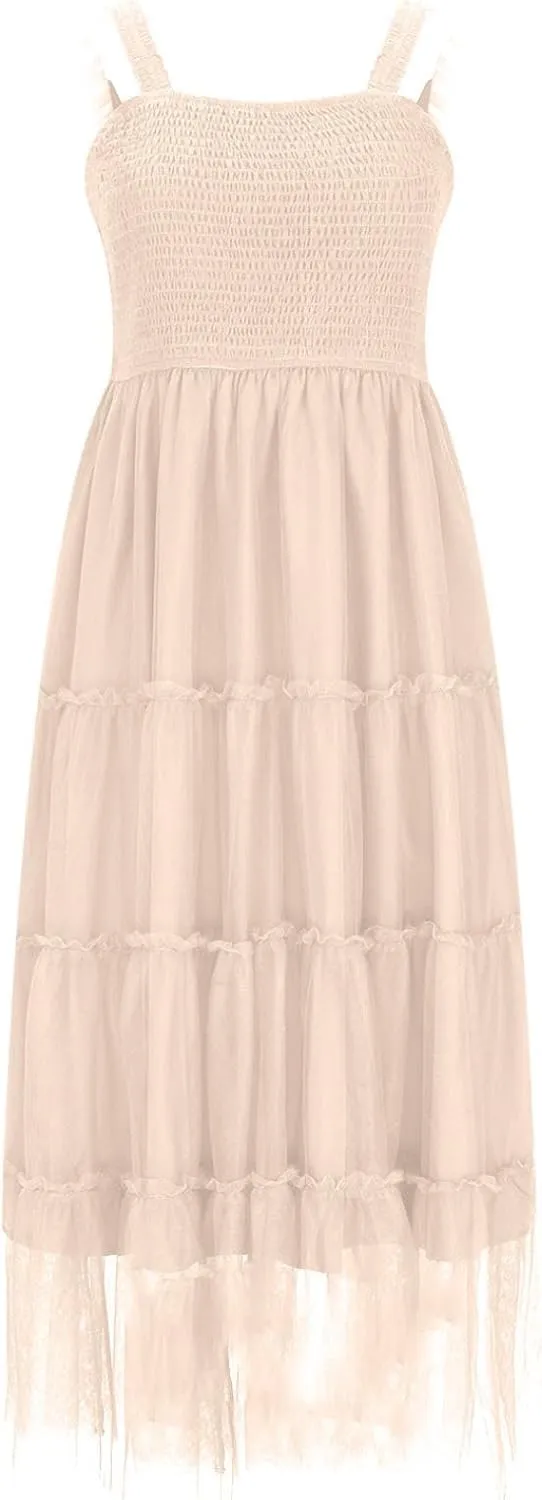 Women Beach Wedding Guest Gown Sleeveless Tiered Ruffle Tulle Sundress Smocked High Waist Elegant Midi A-Line Dress