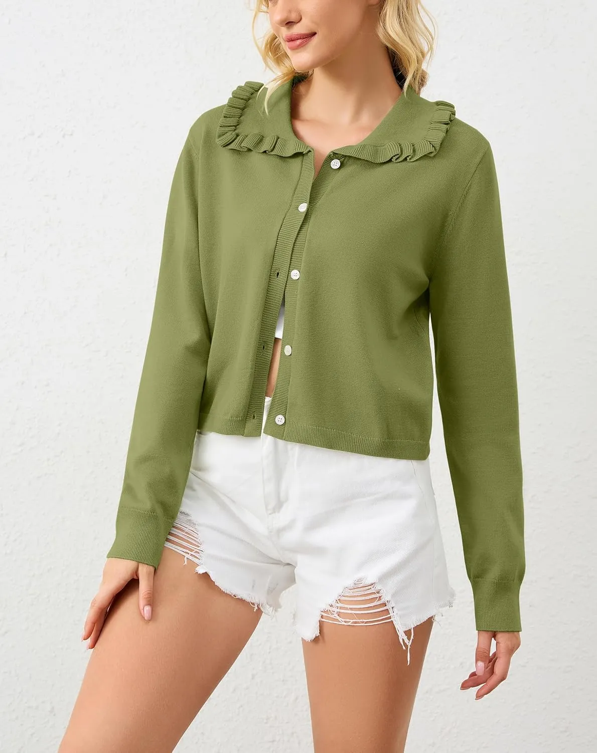 Women Button Dwon Long Sleebe Ruffle Lapel Solid Loose Sweater Cardigan Open Front Knit Cardigans Jacket