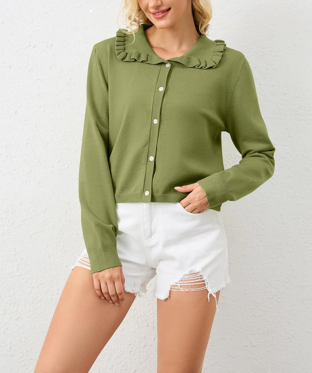 Women Button Dwon Long Sleebe Ruffle Lapel Solid Loose Sweater Cardigan Open Front Knit Cardigans Jacket