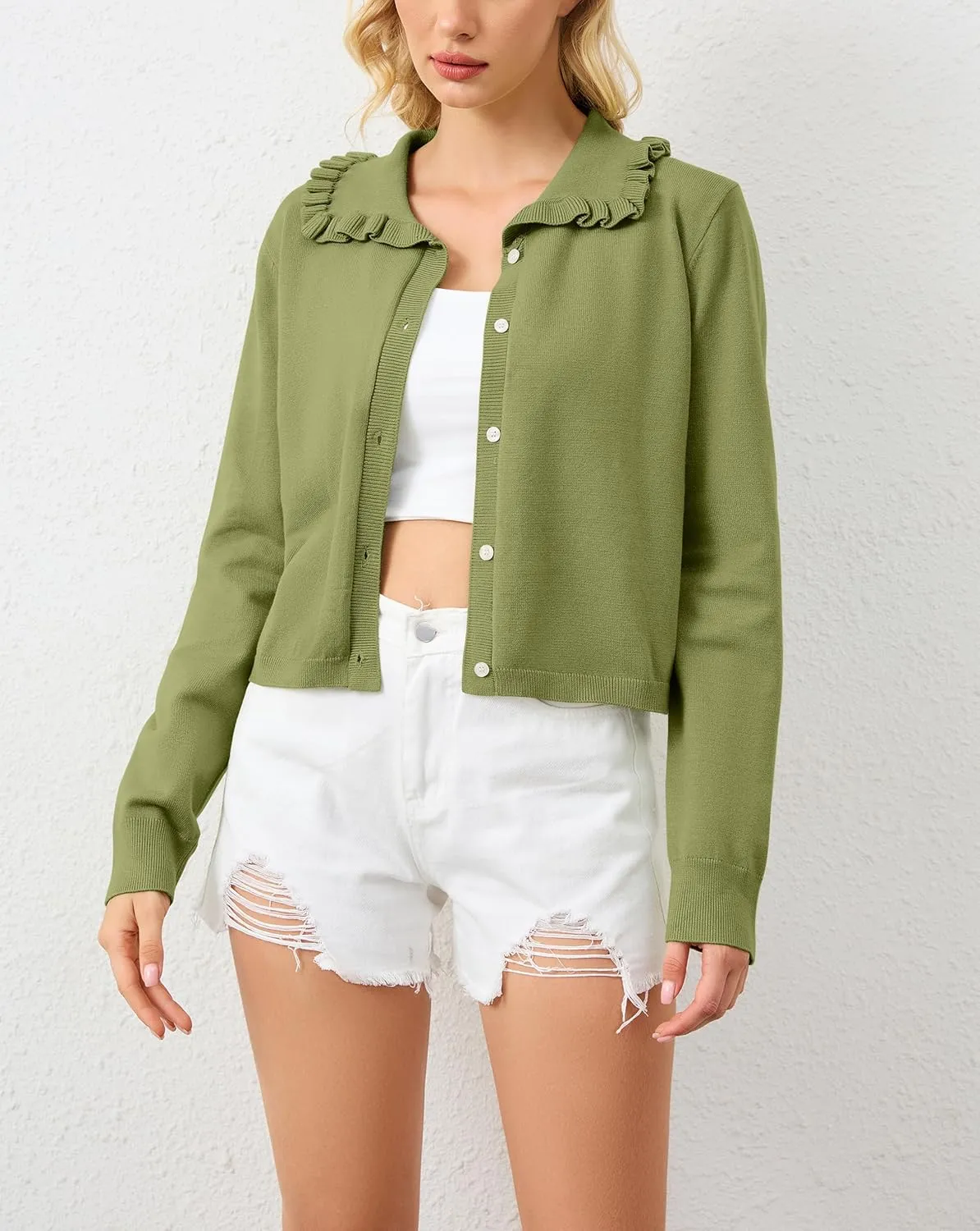 Women Button Dwon Long Sleebe Ruffle Lapel Solid Loose Sweater Cardigan Open Front Knit Cardigans Jacket