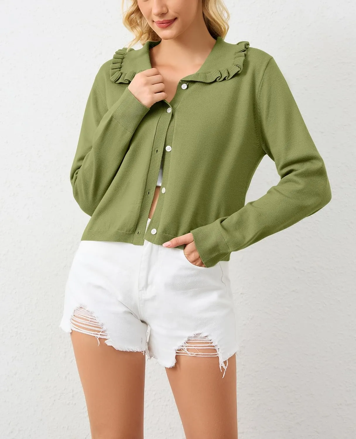 Women Button Dwon Long Sleebe Ruffle Lapel Solid Loose Sweater Cardigan Open Front Knit Cardigans Jacket