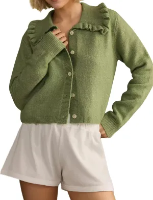 Women Button Dwon Long Sleebe Ruffle Lapel Solid Loose Sweater Cardigan Open Front Knit Cardigans Jacket