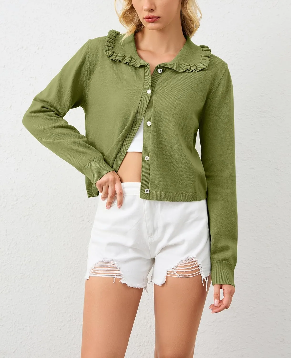 Women Button Dwon Long Sleebe Ruffle Lapel Solid Loose Sweater Cardigan Open Front Knit Cardigans Jacket