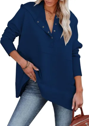 Women Causal Long Sleeve Hoodie Oversied Button Collar V Neck Sweatshirt Trendy Pullover Tops With Pockets Fashion 2024