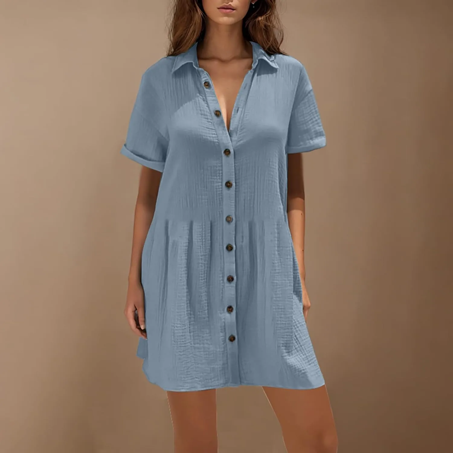 Women Cotton Linen Button Down Midi Dress, Summer Short Sleeve Loose Breathable Casual Clothes Fashion Ruched Dresses