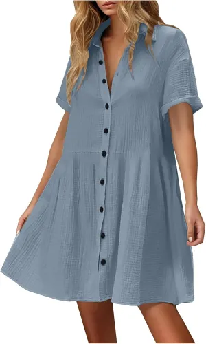 Women Cotton Linen Button Down Midi Dress, Summer Short Sleeve Loose Breathable Casual Clothes Fashion Ruched Dresses
