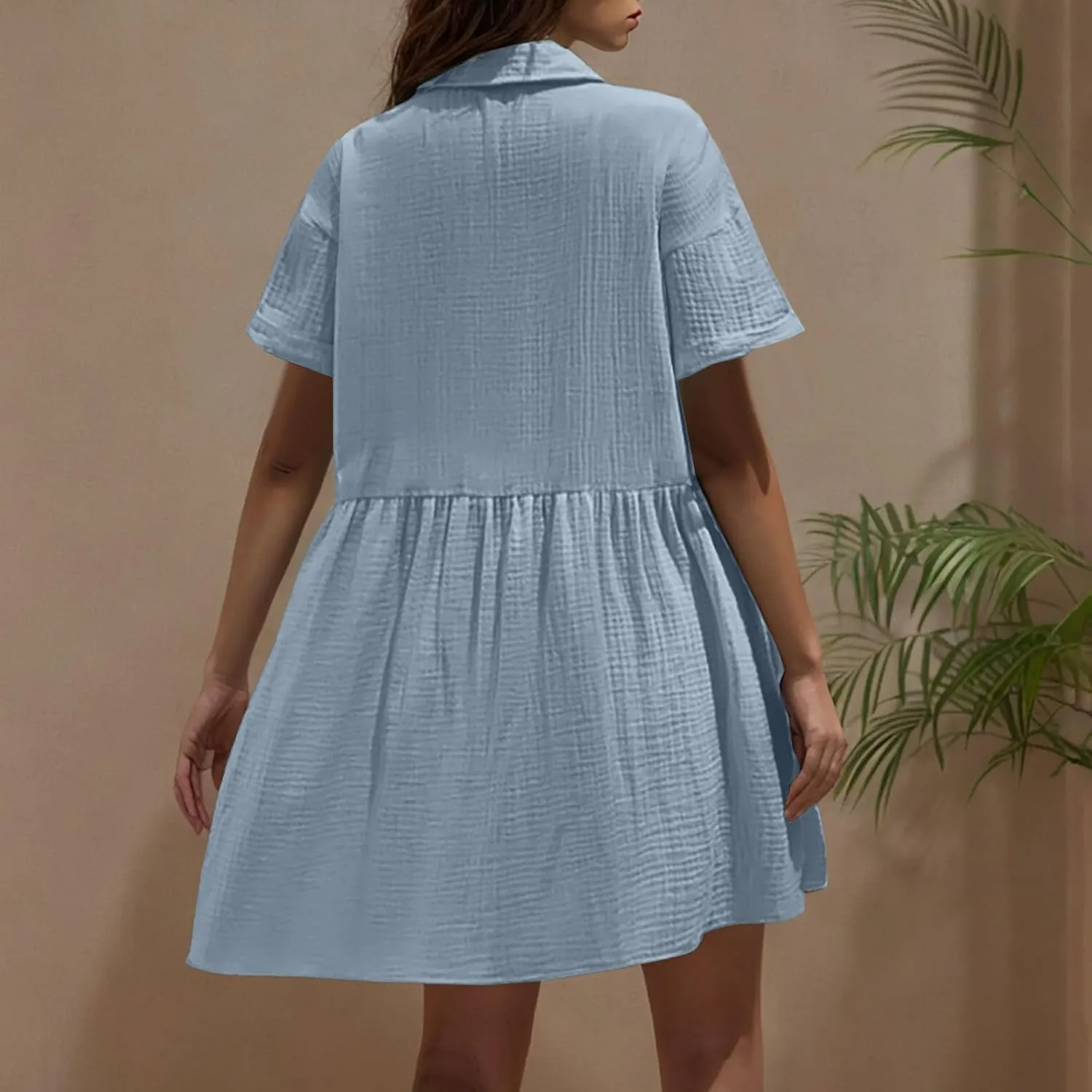 Women Cotton Linen Button Down Midi Dress, Summer Short Sleeve Loose Breathable Casual Clothes Fashion Ruched Dresses