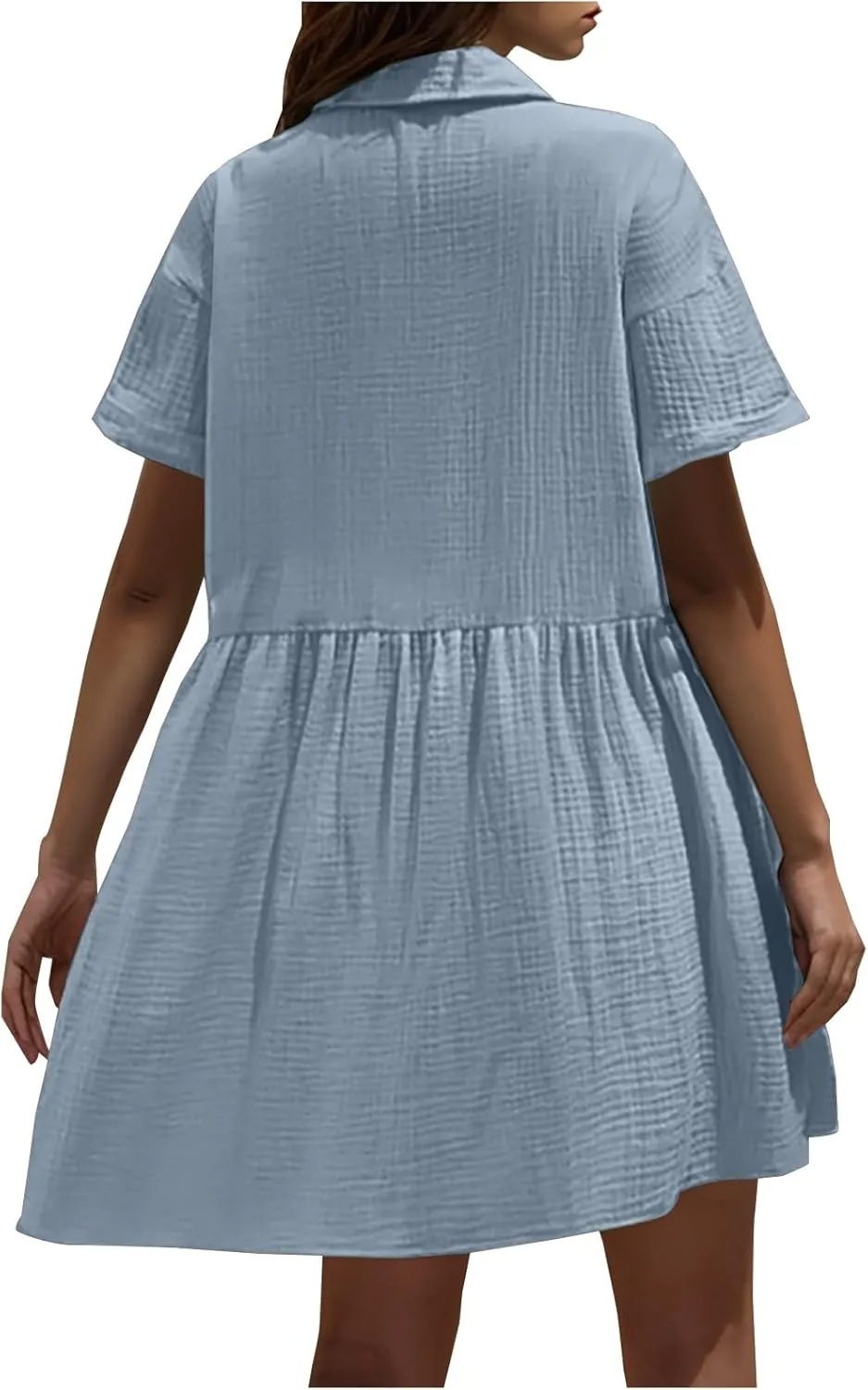 Women Cotton Linen Button Down Midi Dress, Summer Short Sleeve Loose Breathable Casual Clothes Fashion Ruched Dresses