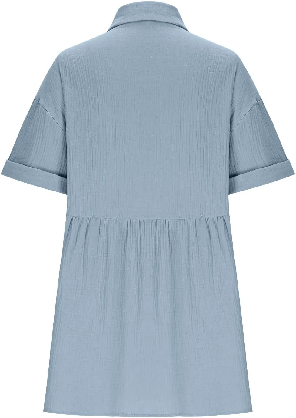 Women Cotton Linen Button Down Midi Dress, Summer Short Sleeve Loose Breathable Casual Clothes Fashion Ruched Dresses