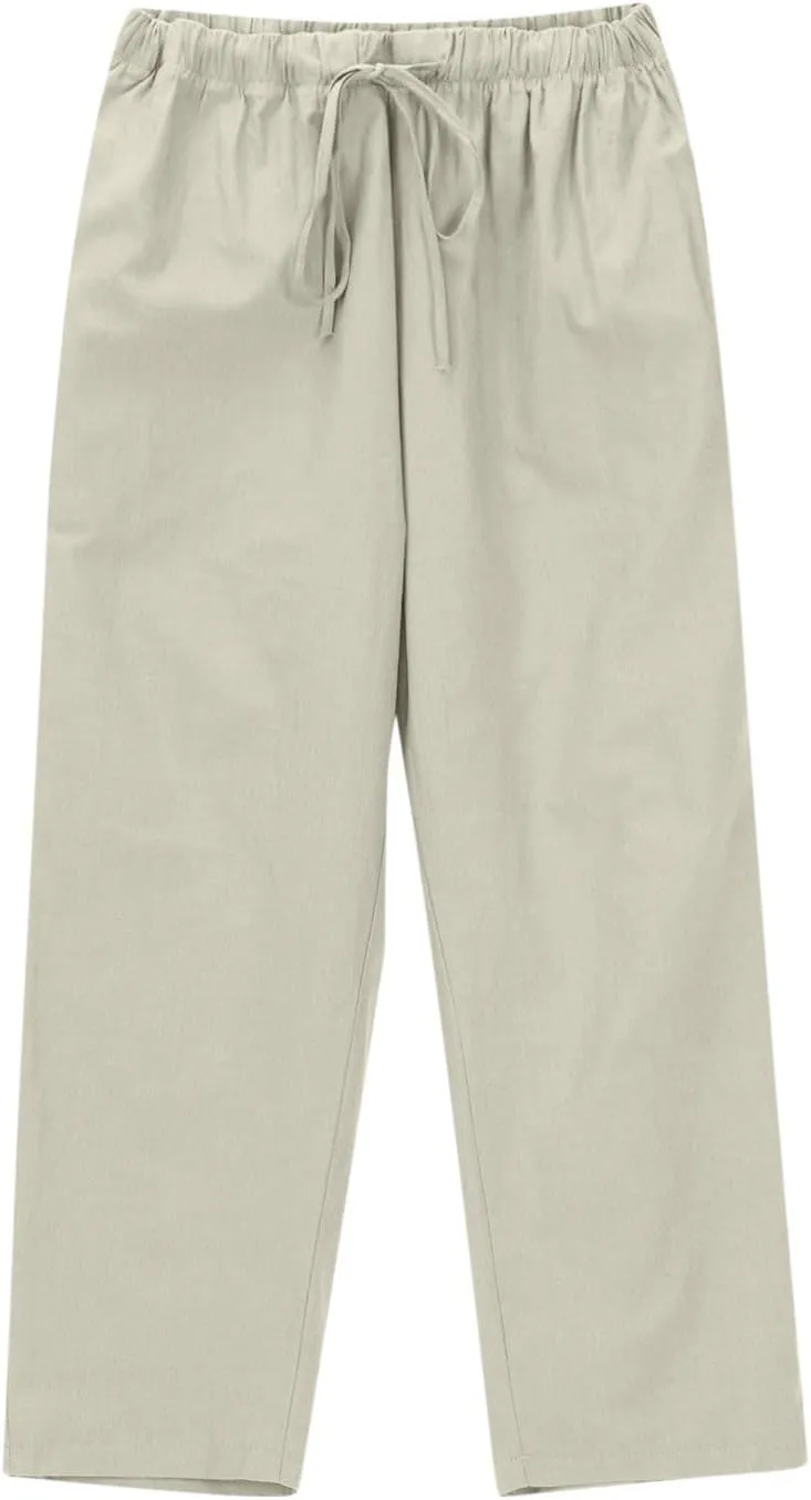 Women Cotton Linen Cropped Pants Casual Loose Wide Leg Trousers Summer Trendy Drawstring High Waist Pants with Pockets