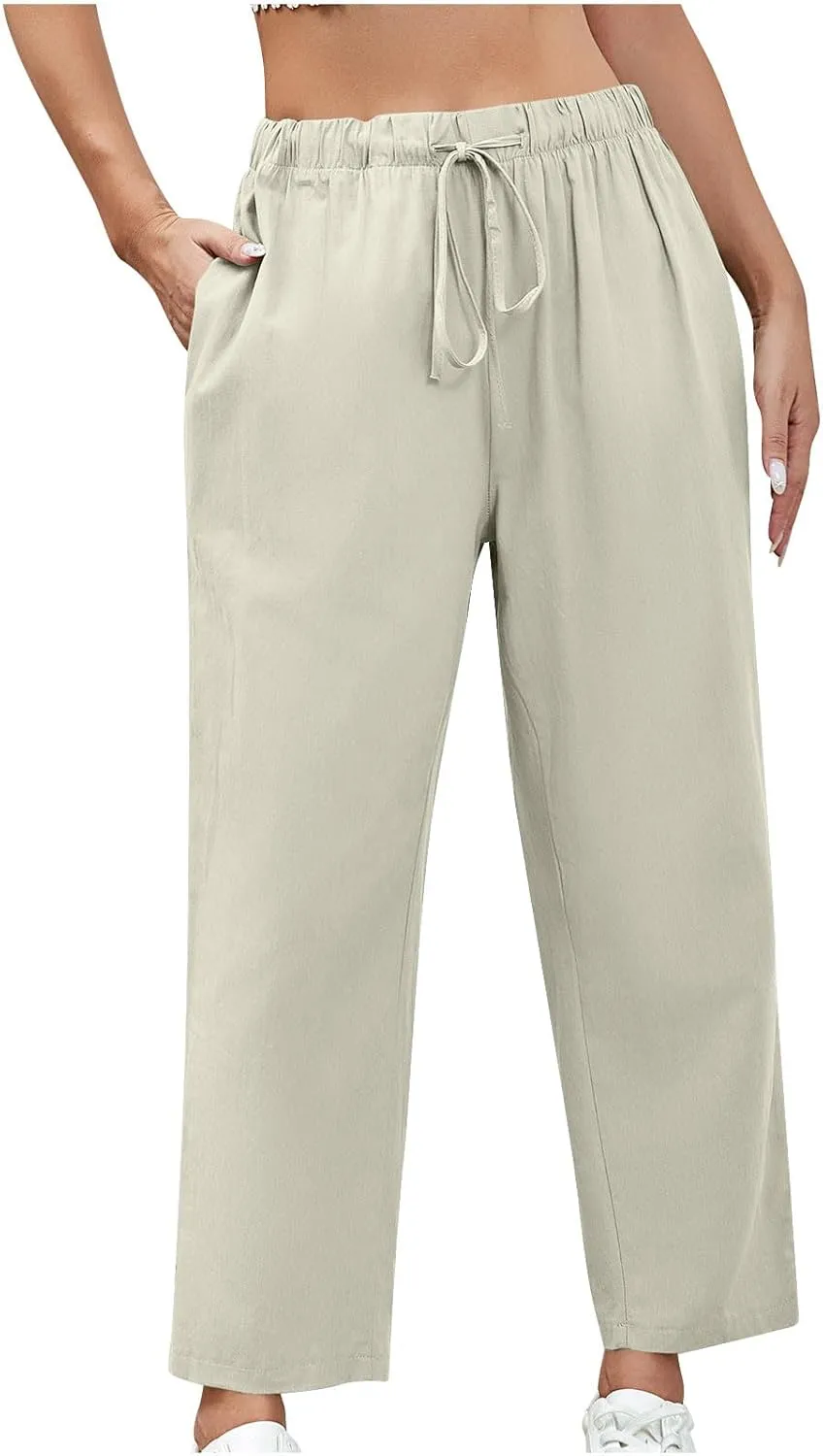 Women Cotton Linen Cropped Pants Casual Loose Wide Leg Trousers Summer Trendy Drawstring High Waist Pants with Pockets