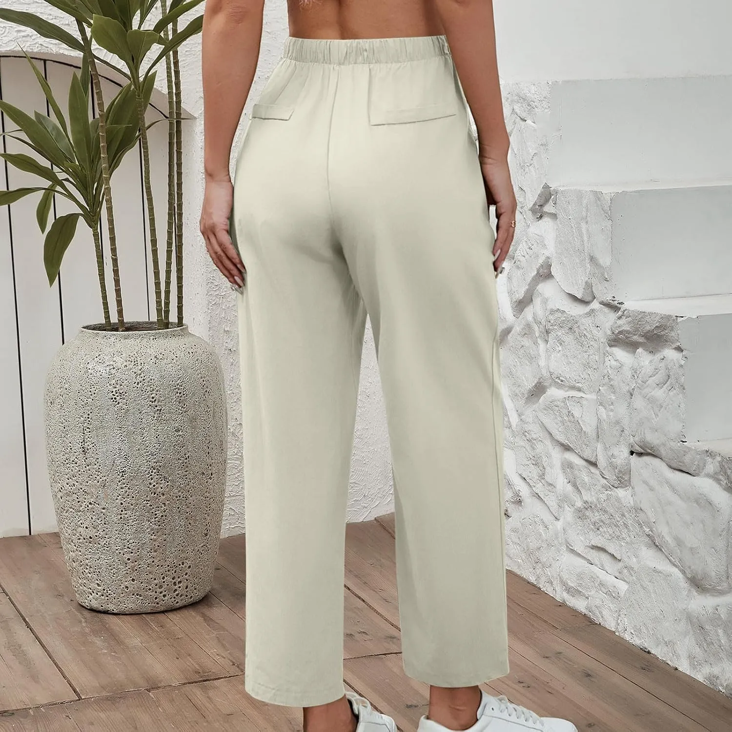 Women Cotton Linen Cropped Pants Casual Loose Wide Leg Trousers Summer Trendy Drawstring High Waist Pants with Pockets