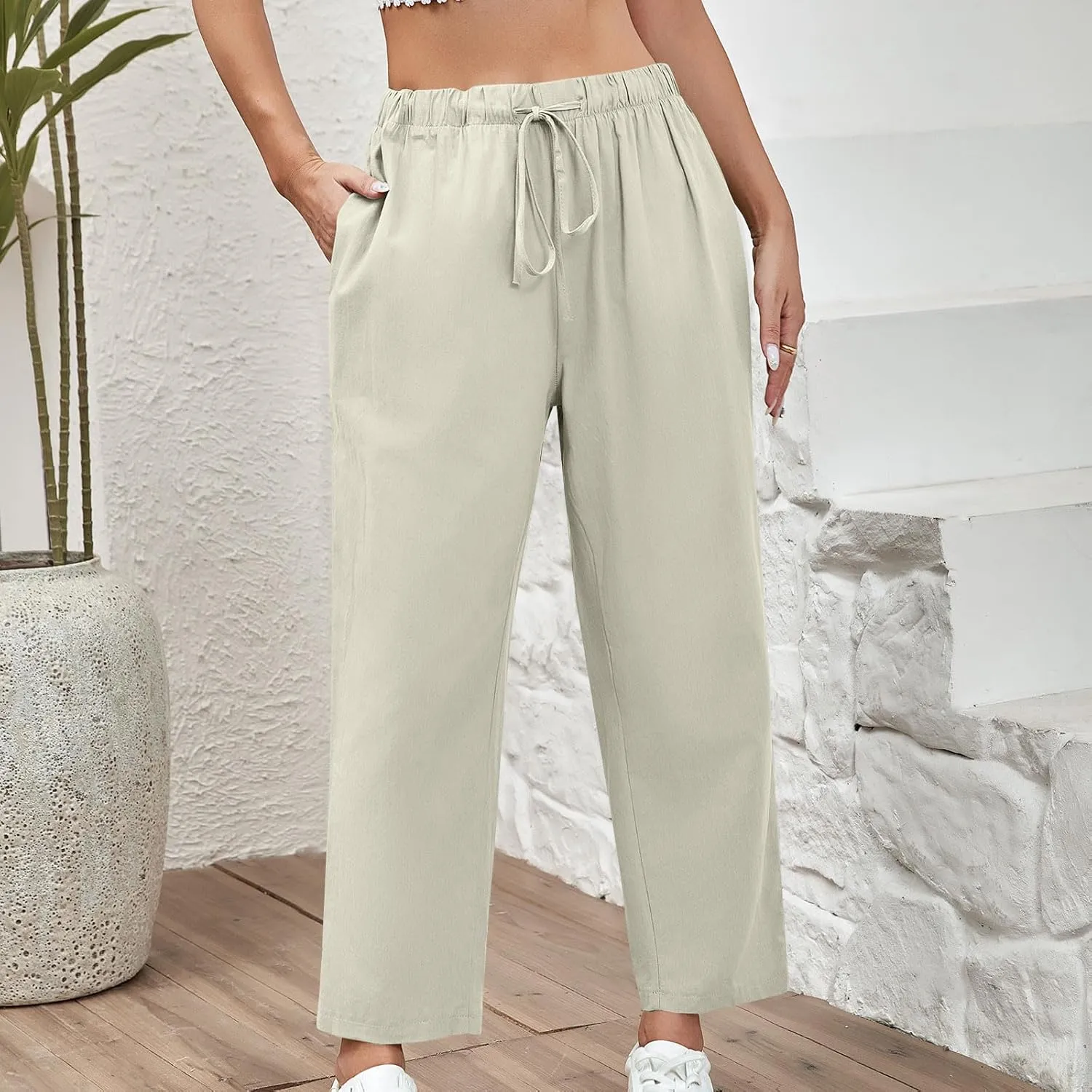 Women Cotton Linen Cropped Pants Casual Loose Wide Leg Trousers Summer Trendy Drawstring High Waist Pants with Pockets