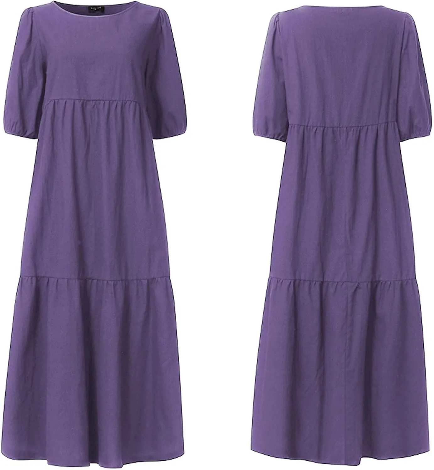 Women Cotton Linen Dresses Lantern Short Sleeve Crew Neck Long Dress Ruffle Flowy Tiered A Line Sundress Plus Size